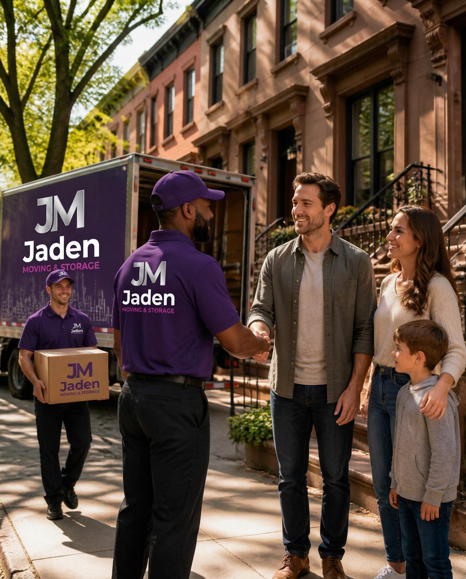 Jaden Moving & Storage crew greeting a family outside a New York brownstone
