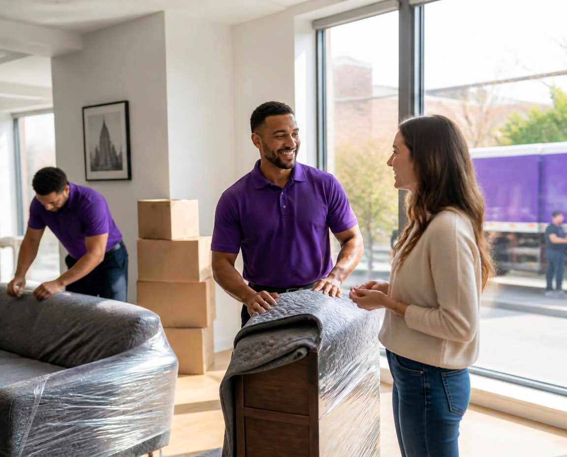 Jaden movers in purple uniforms wrapping furniture with moving blankets while a smiling homeowner talks with the crew in a bright modern New York home