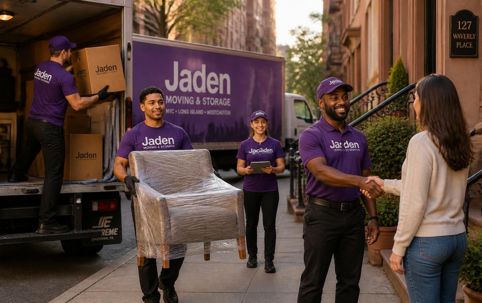 Jaden Moving & Storage team loading boxes and greeting a customer on a New York street