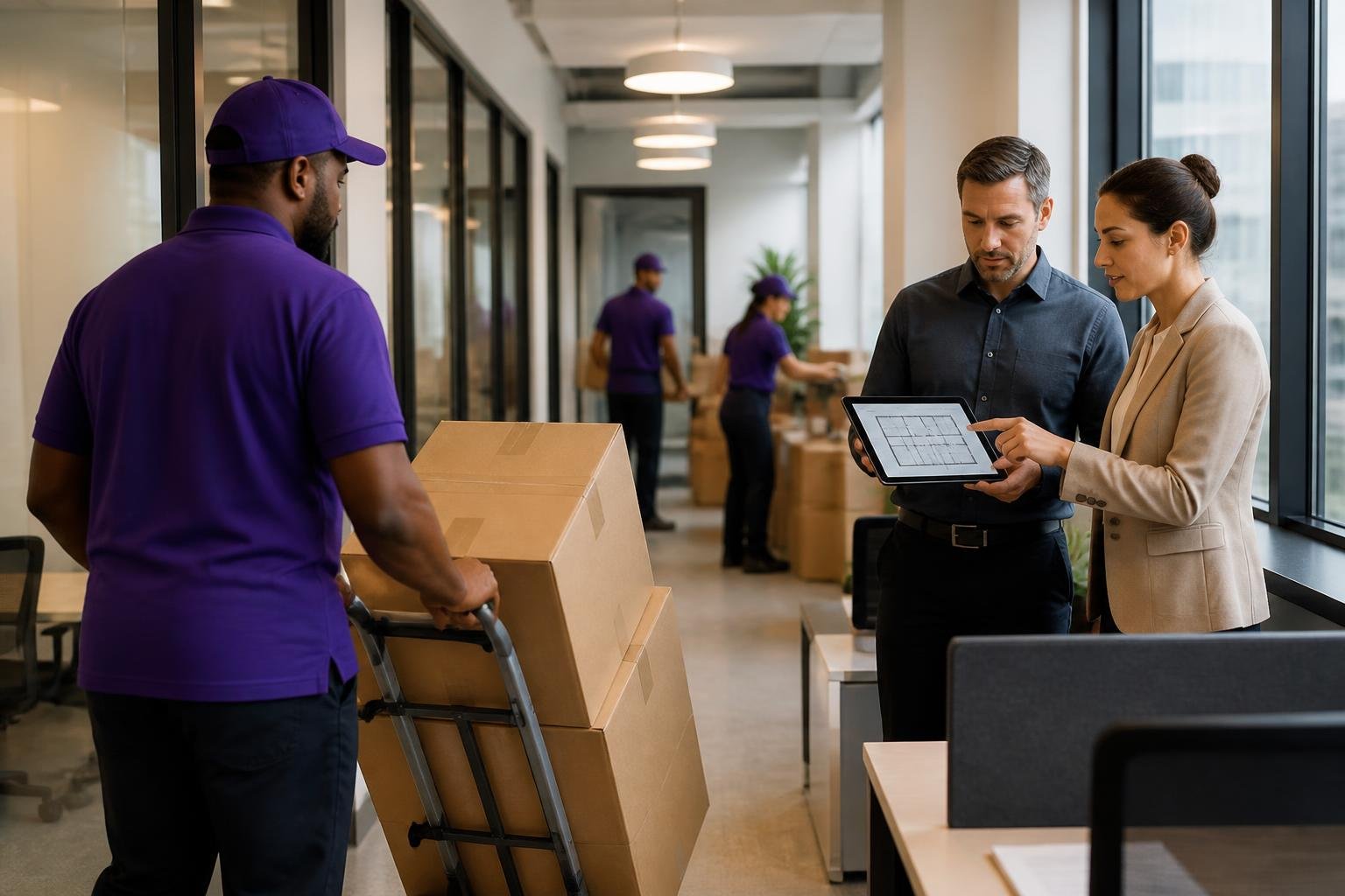Jaden movers in purple uniforms moving boxes on a dolly through a modern New York office while a manager reviews a floor plan