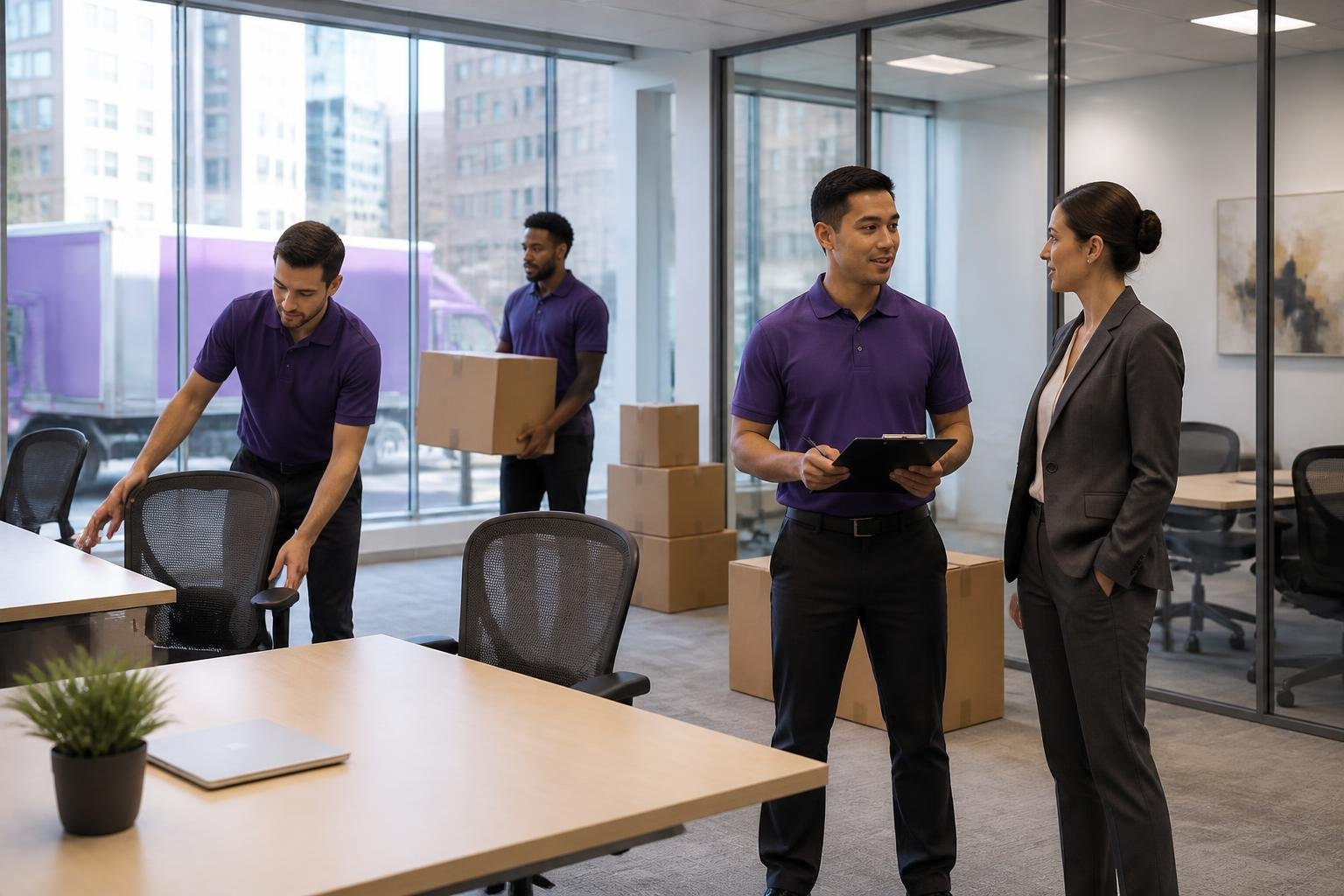 Jaden movers in purple uniforms moving office desks, chairs and boxes in a modern New York City office while the crew lead speaks with a business manager