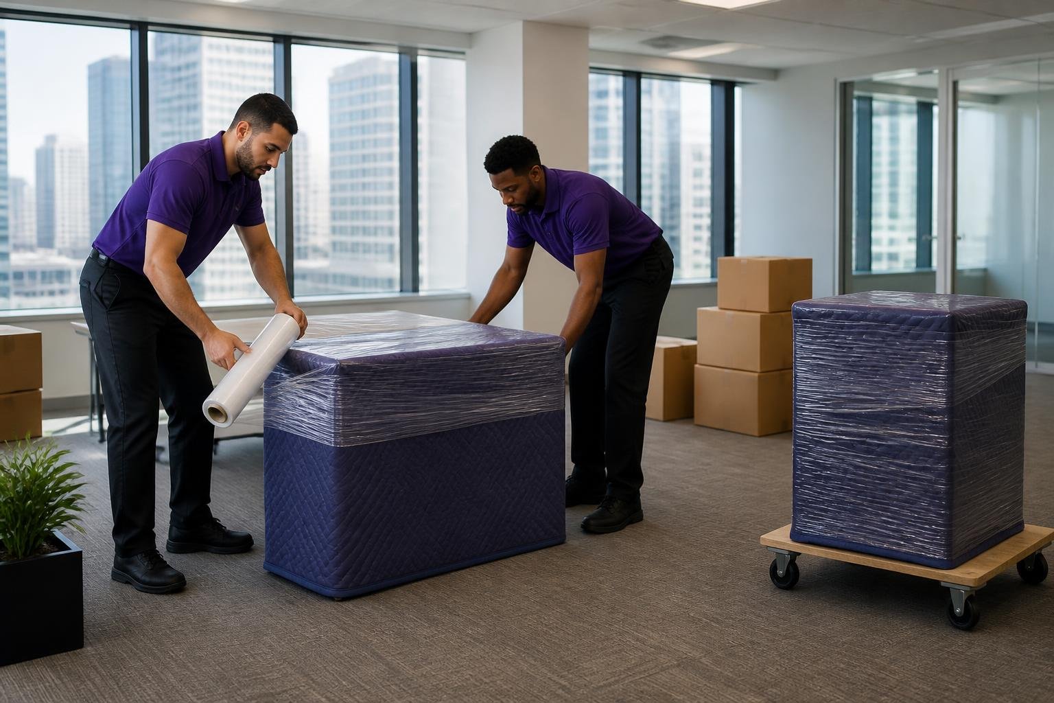 Movers in purple uniforms wrapping office furniture in moving blankets and stretch wrap inside a modern NYC office