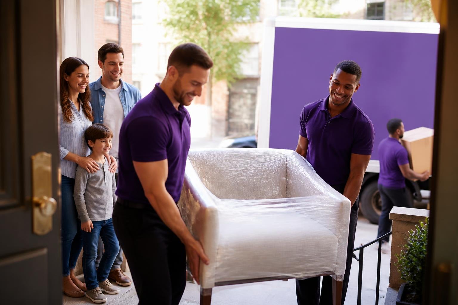 Jaden movers in purple uniforms carrying a wrapped armchair into a New York home while a family watches