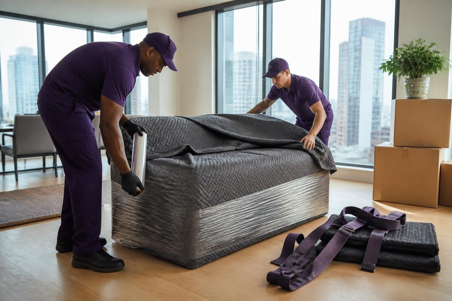 Movers wrapping a sofa in moving blankets and stretch wrap inside a bright New York apartment